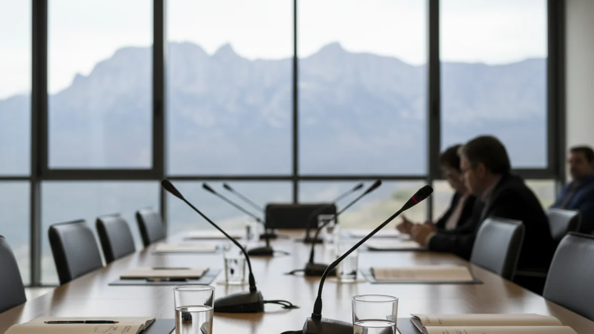 Imagen genérica de una sala de reuniones institucional con vistas a las montañas del Pirineo.