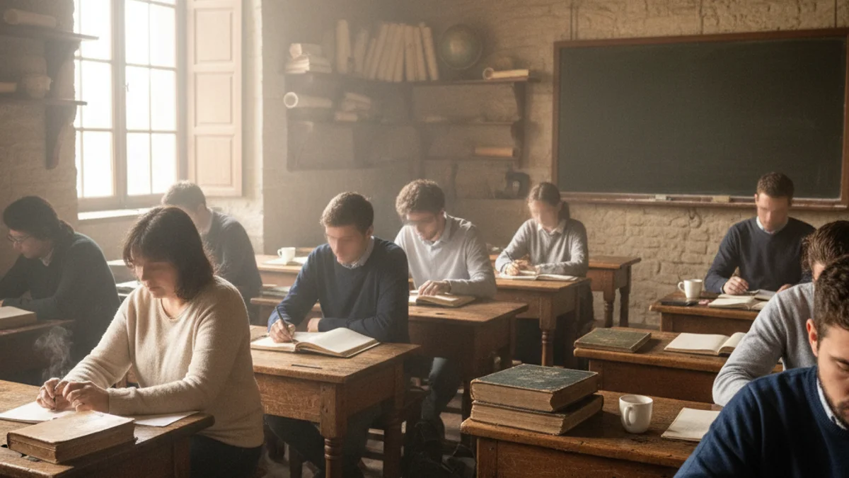 Imatge genèrica d'un aula amb llibretes i bolígrafs durant una prova acadèmica.