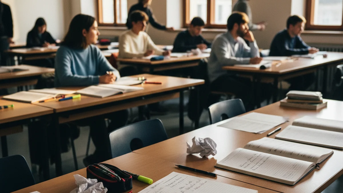 Imatge genèrica d'un quadern amb textos escrits a mà en un entorn escolar.