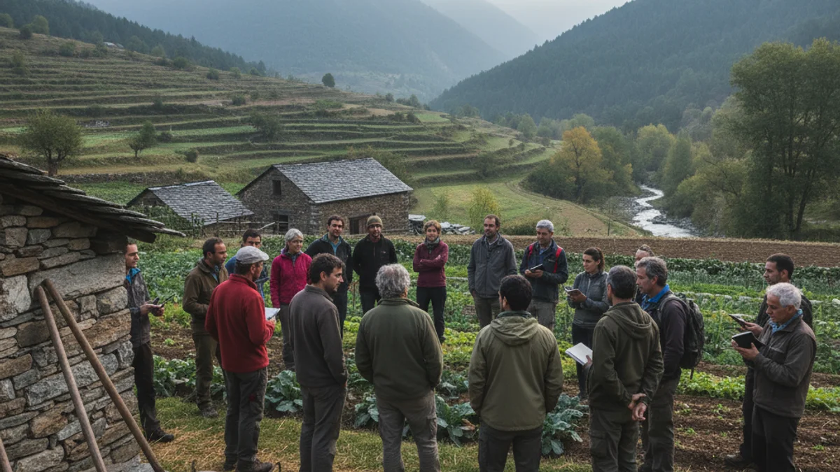 Imatge genèrica d'un grup de persones visitant una explotació agrícola sostenible al Pirineu.
