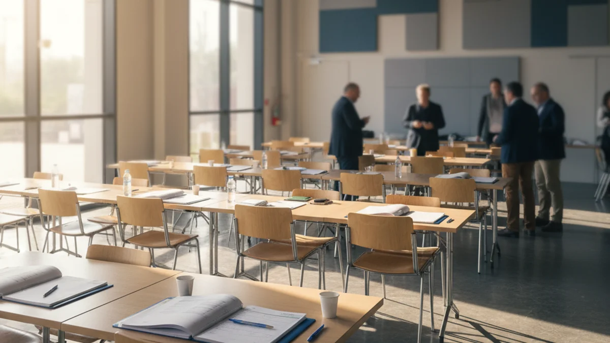 Generic image of a room set up for job interviews with tables and chairs.