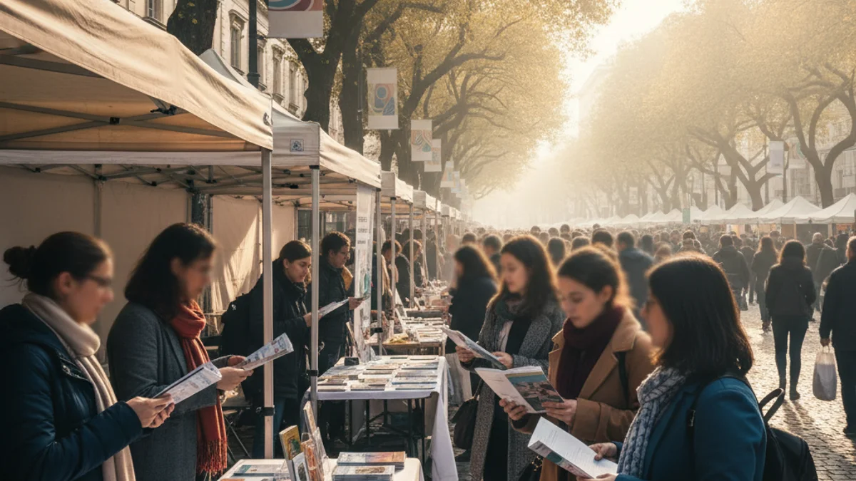 Imagen genérica de una feria educativa al aire libre con estands informativos y gente paseando.