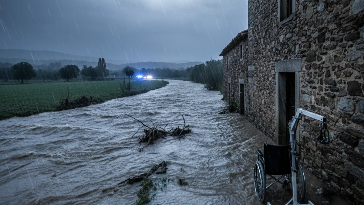 Generic image of a flood-prone area near a river during a heavy storm.