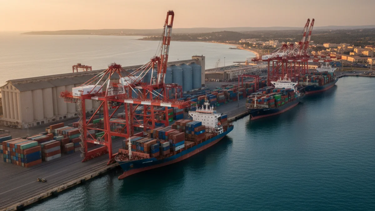 Imatge genèrica de les instal·lacions d'un port comercial amb contenidors i grues de càrrega.