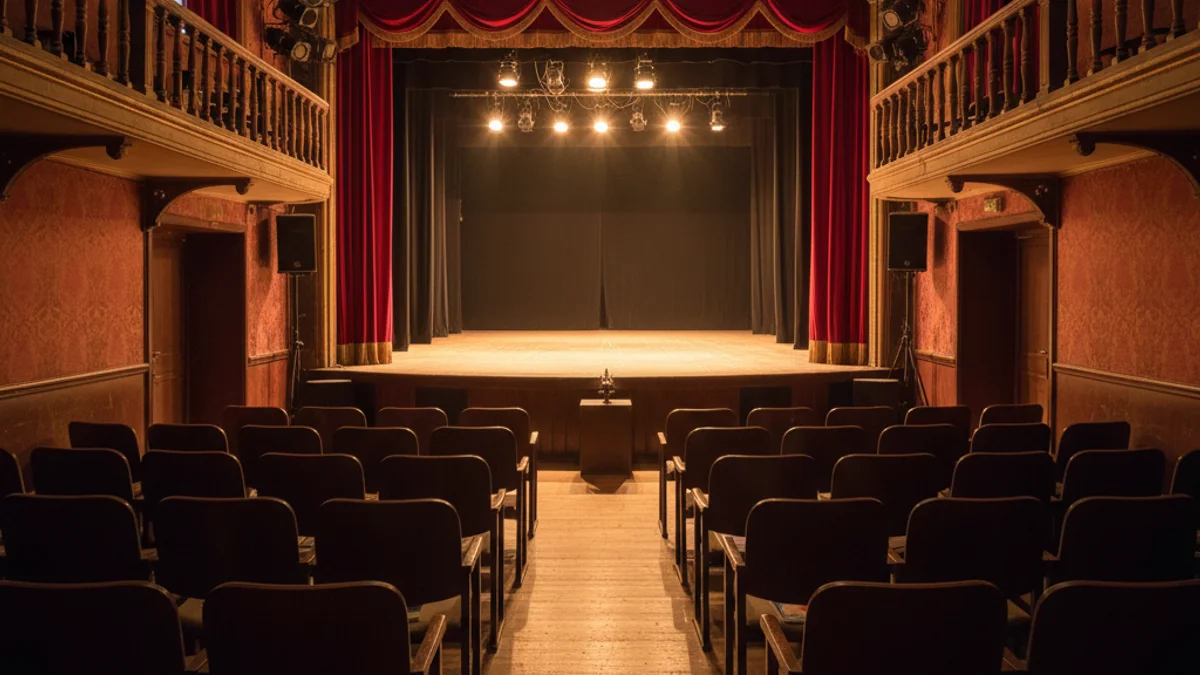 Generic image of a theater interior with red curtains and warm lighting.