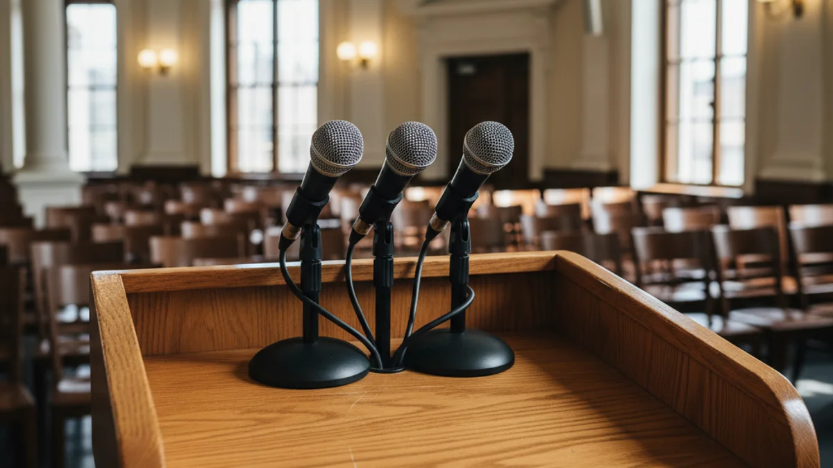 Generic image of microphones on a podium during an institutional presentation.