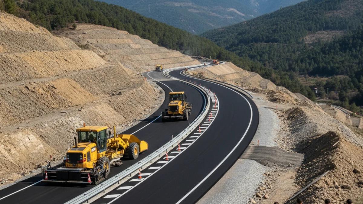 Generic image of a mountain road under construction with safety cones.