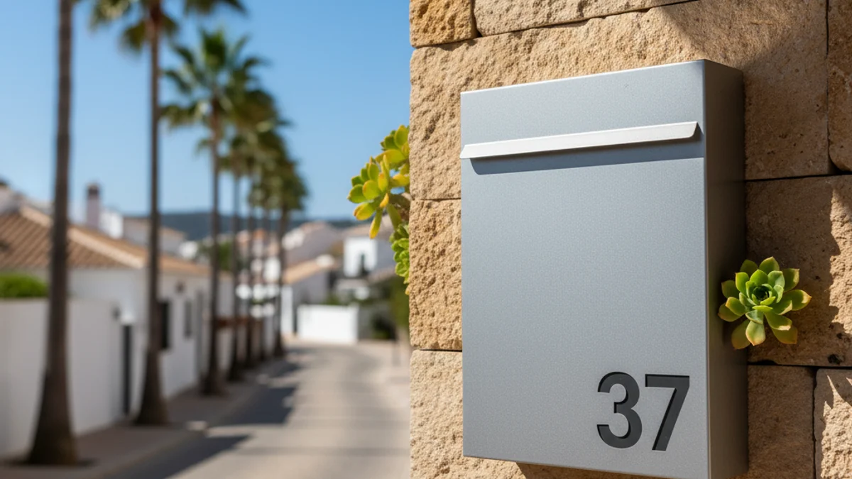 Imagen genérica de un buzón de correos en una zona residencial con palmeras.