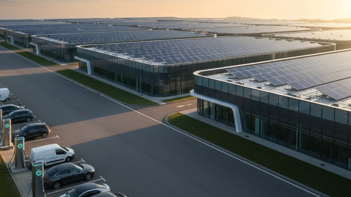 Imatge genèrica d'un polígon industrial modernitzat amb plaques solars i infraestructures renovades.