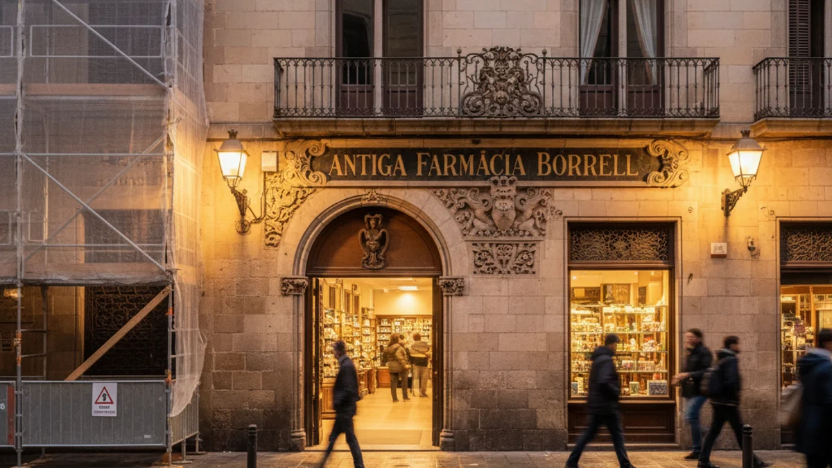 Imatge genèrica de la façana d'un comerç històric en obres al centre de Barcelona.