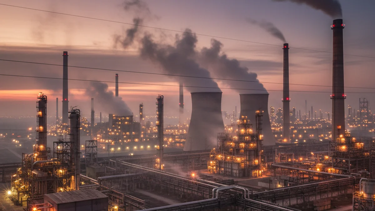 Imatge genèrica d'un complex industrial amb xemeneies sota un cel tèrbol.