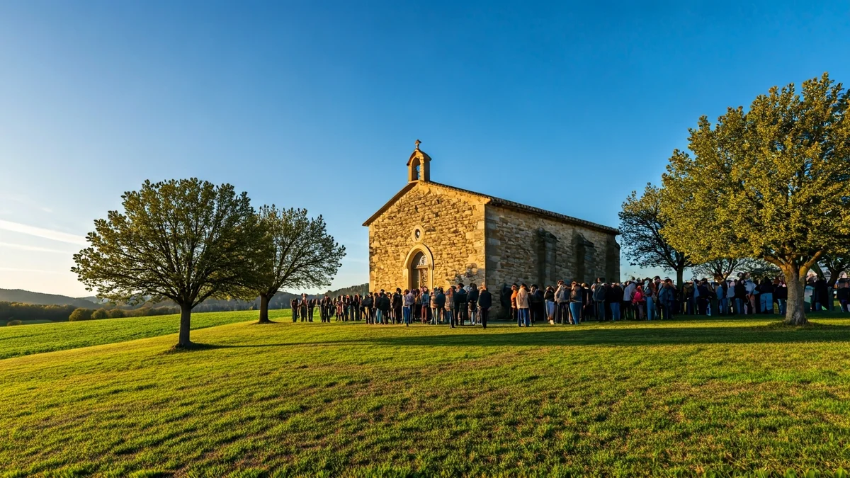 Generic image of a stone sanctuary in a rural Catalan setting, with people gathered outside.