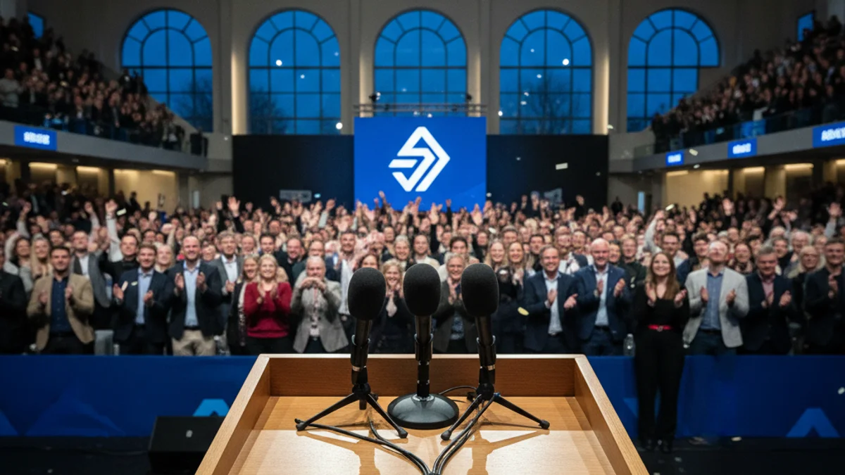 Generic image of a podium with microphones during a public event with a crowd in the background.