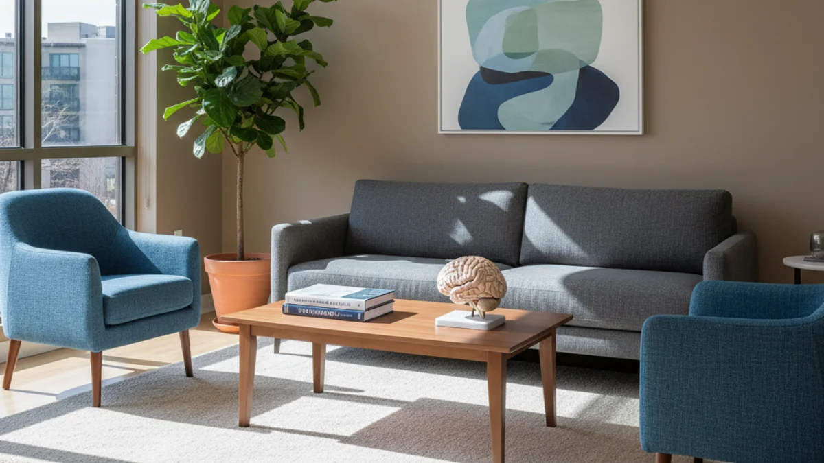 Generic image of a psychology consultation room with natural light and neuroscience books.
