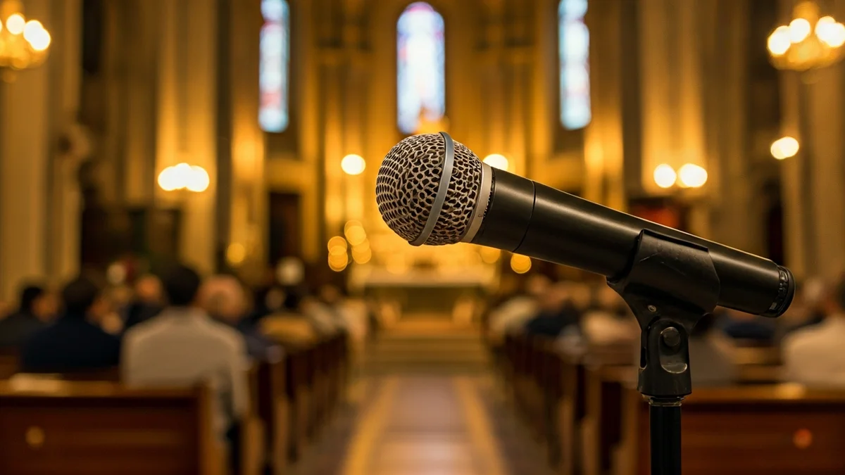 Imagen genérica de un micrófono frente a un fondo de iglesia desenfocado