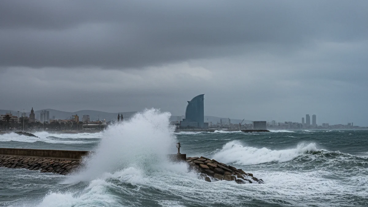 Imagen genérica del estado del mar con fuertes olas frente a la costa de Barcelona bajo un cielo cubierto.