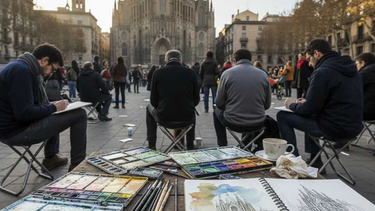 Imagen genérica de un encuentro de artistas dibujando al aire libre con acuarelas.