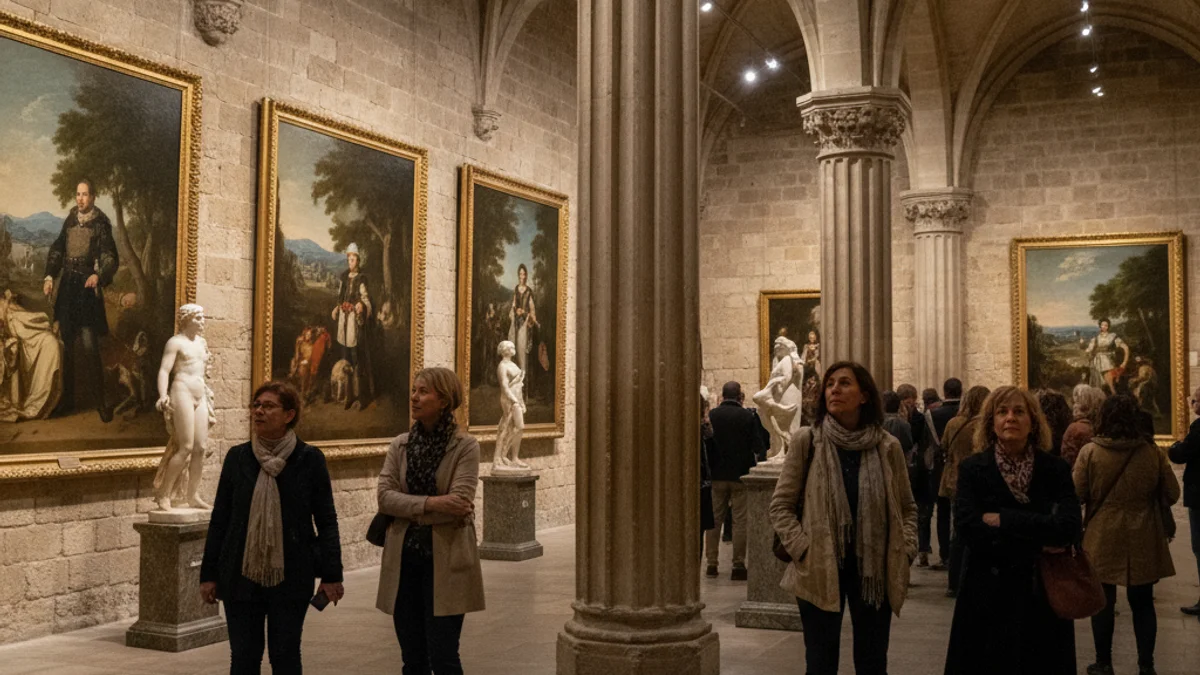 Generic image of an exhibition hall in a historic castle with classic paintings.