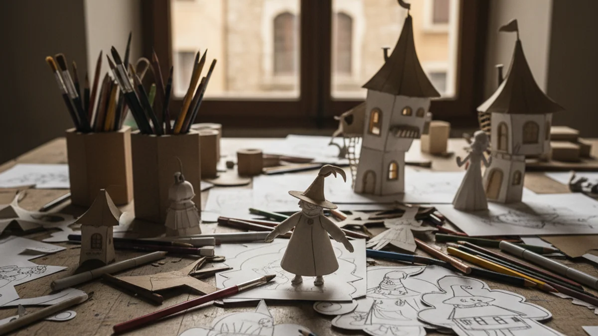 Imatge genèrica d'una taula de treball d'un artista amb pinzells, retalls de paper i esbossos de personatges.