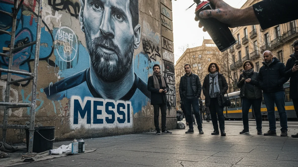 Generic image of a muralist painting a large portrait on an urban wall.