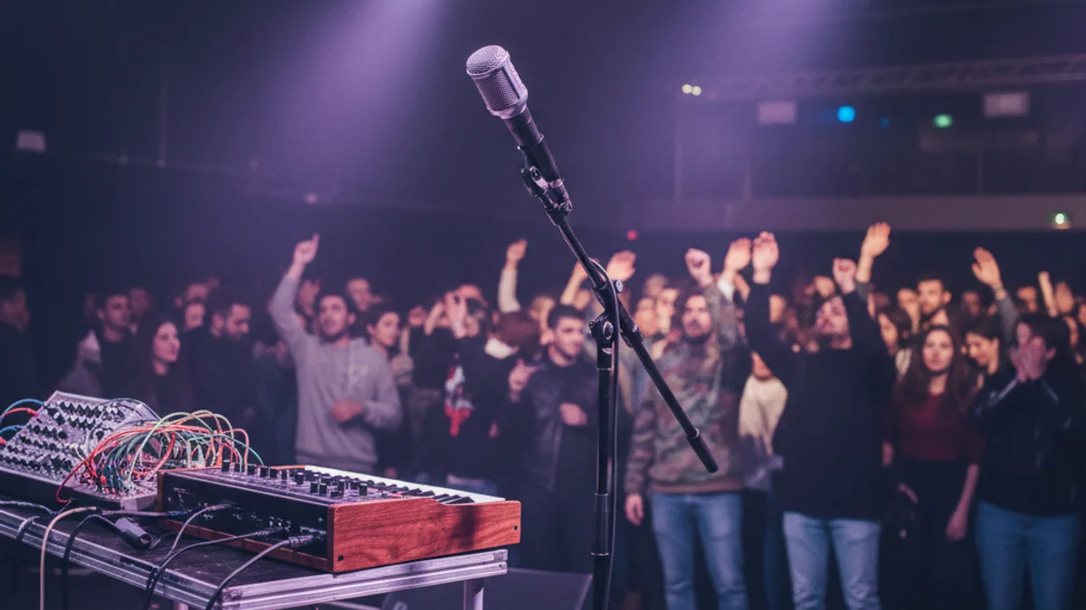 Generic image of an electronic music stage with synthesizers and modern lighting.