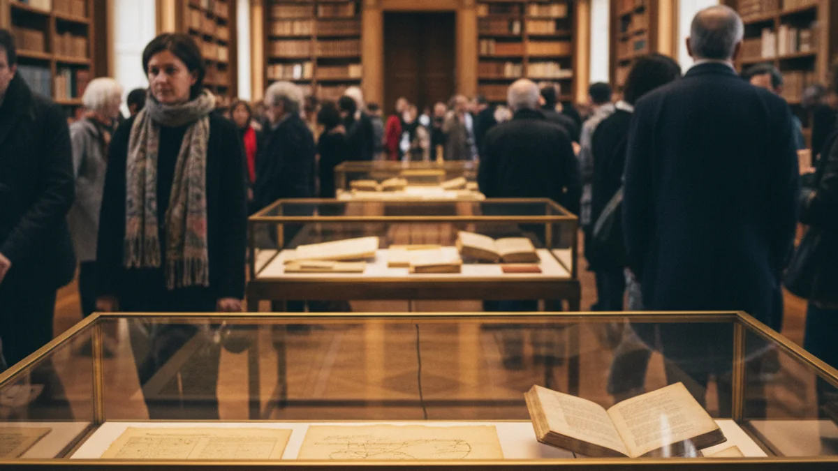 Generic image of a documentary exhibition in a library with ancient documents.
