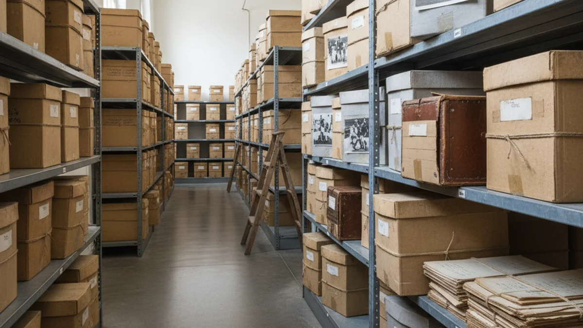 Generic image of archive boxes containing historical documentation and vintage photographs.