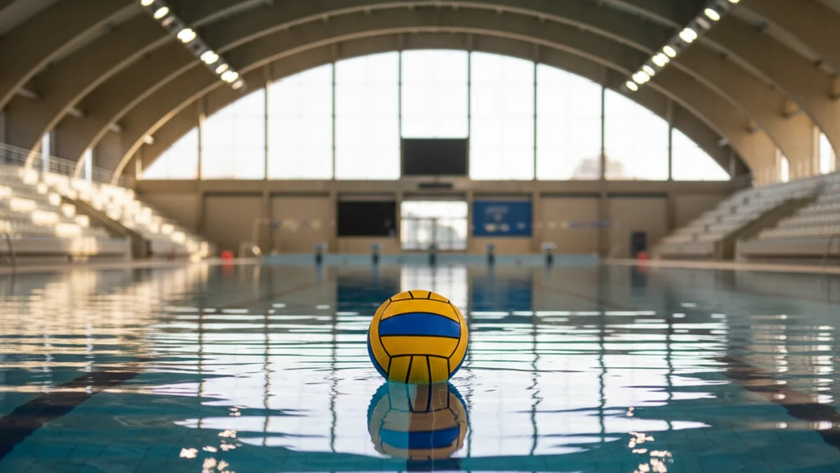 Imatge genèrica d'una pilota de waterpolo en una piscina de competició.