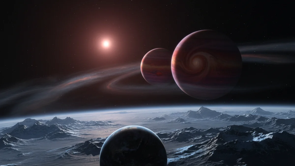 Generic image of a planetary system with a red dwarf star and several orbiting planets.