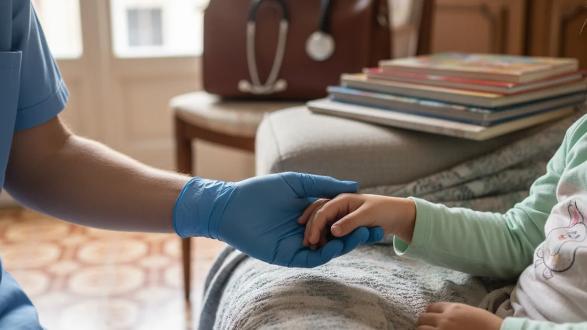 Imatge genèrica d'una mà d'un professional sanitari acompanyant un infant a casa.