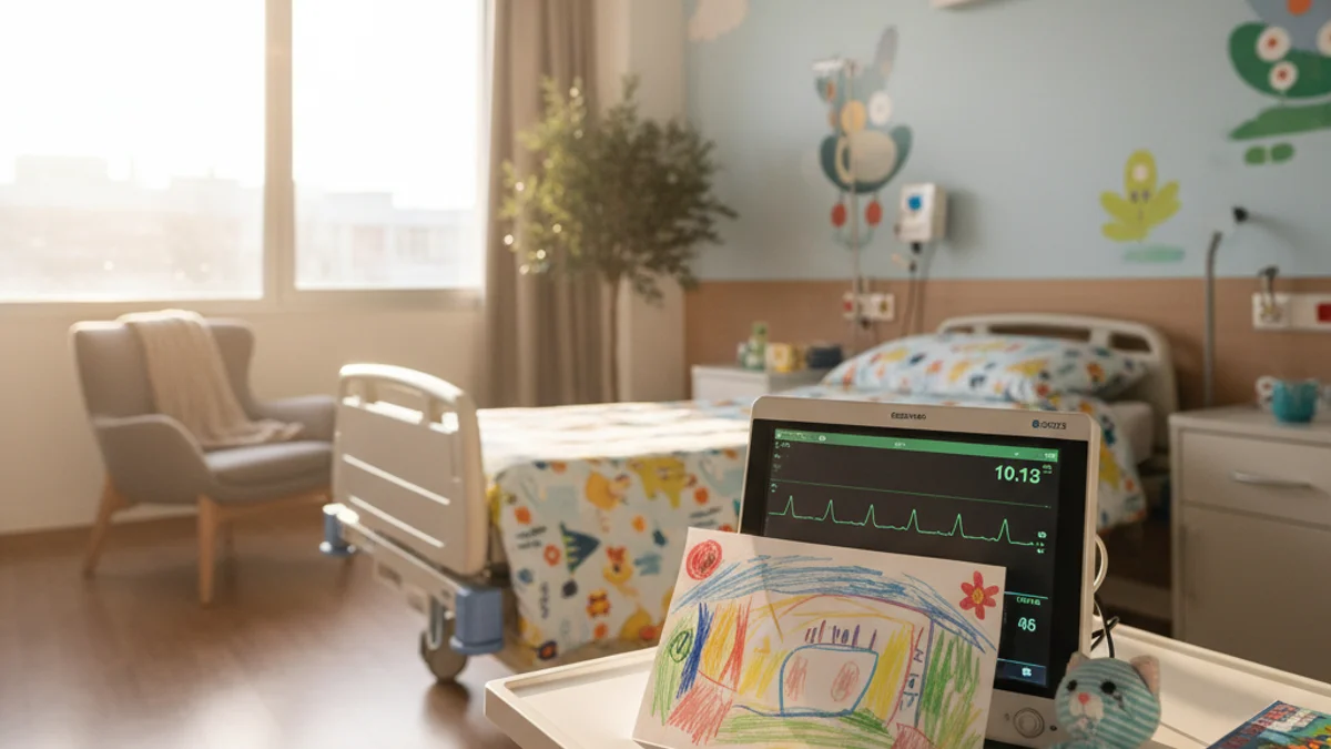 Imatge genèrica d'una habitació d'hospital pediàtric amb dibuixos infantils i equipament mèdic.