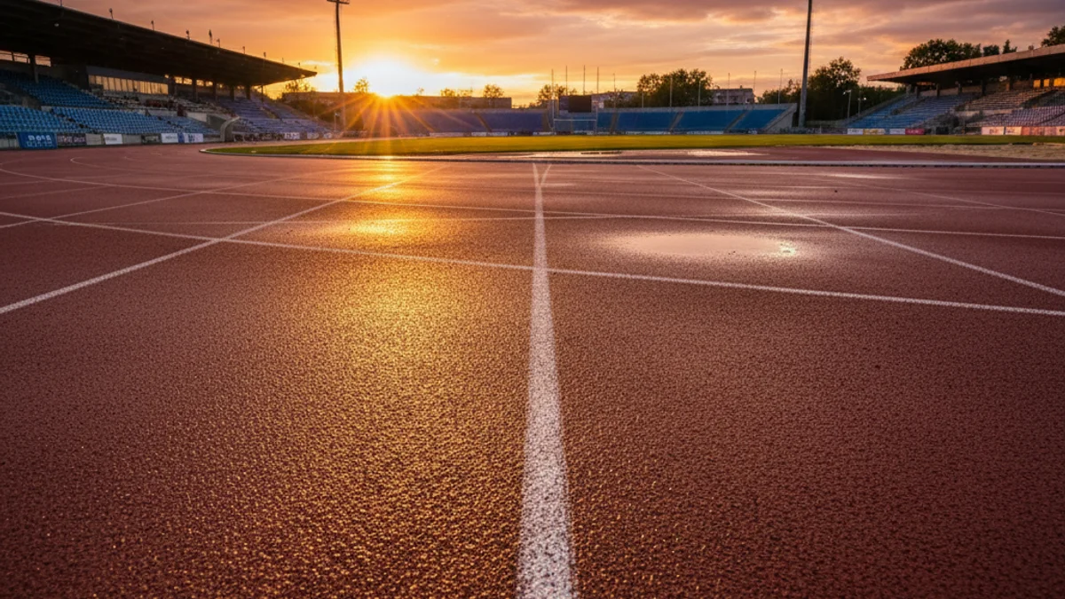 Imatge genèrica d'una pista d'atletisme amb un fossat de salt de llargada al fons.