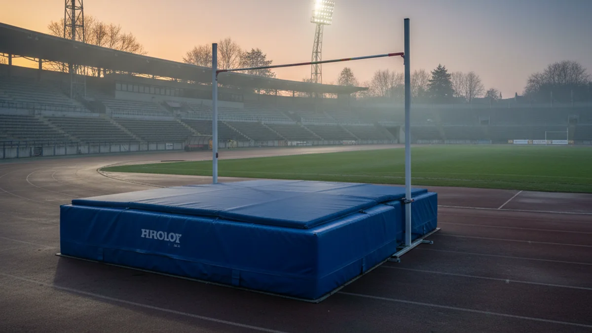 Generic image of an athletics stadium with the high jump bar set up.