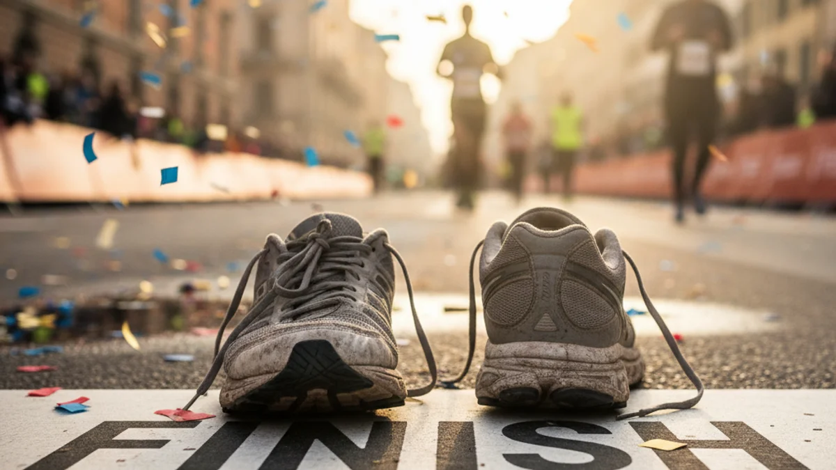 Generic image of running shoes on a finish line after a marathon.