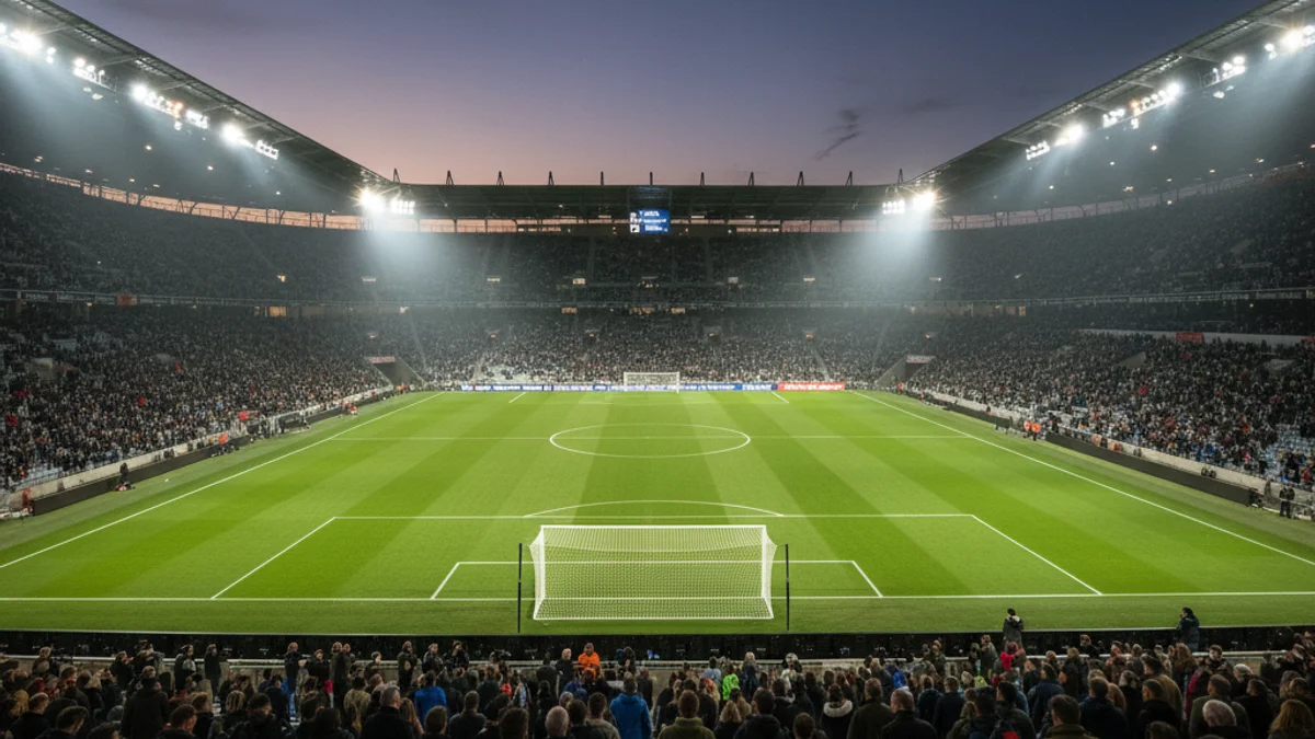 Imagen genérica de un campo de fútbol con la iluminación de los focos al atardecer.
