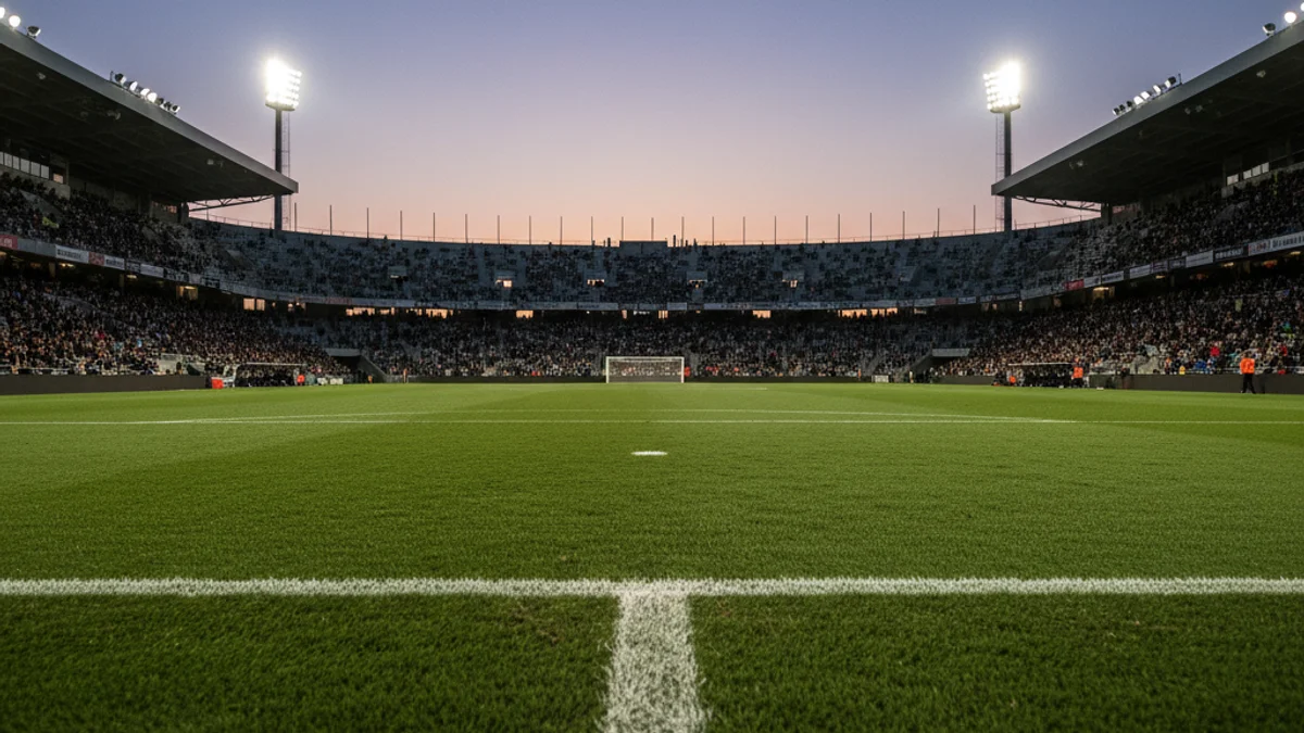 Imatge genèrica d'un camp de futbol buit sota els llums de l'estadi.