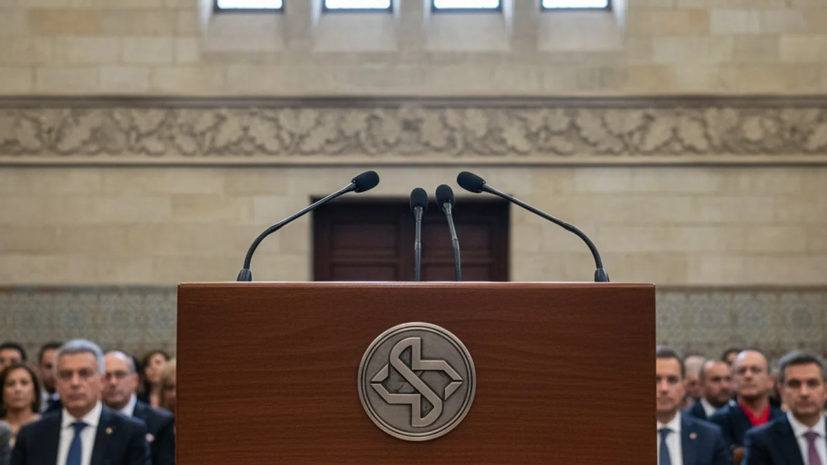 Imagen genérica de un podio con micrófonos en una sala institucional.