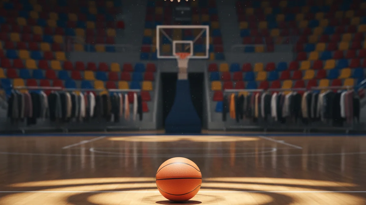 Imatge genèrica d'una pilota de bàsquet en una pista poliesportiva amb il·luminació de competició.