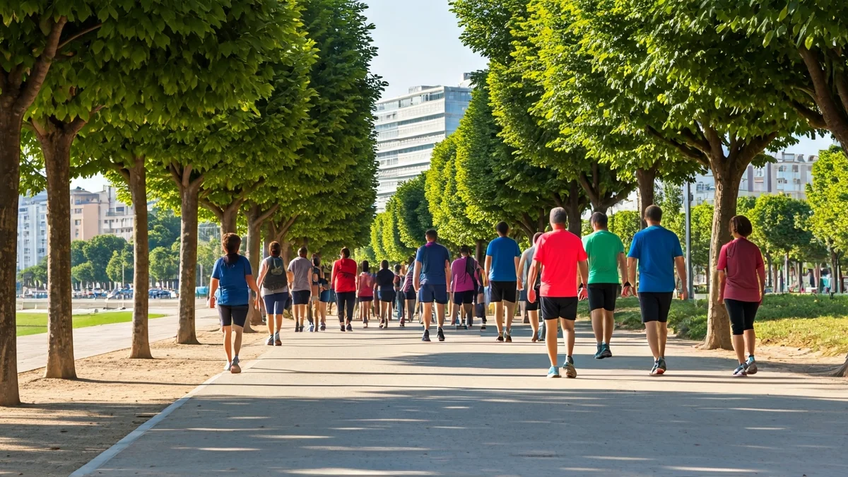 Imatge genèrica d'un grup de persones caminant en un parc urbà, amb edificis moderns al fons.