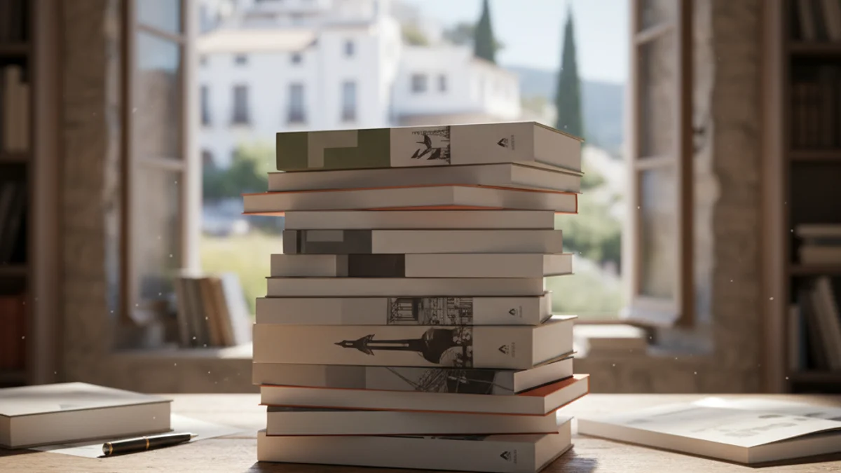 Imagen genérica de unos libros recién editados en una oficina con vistas a un pueblo costero.