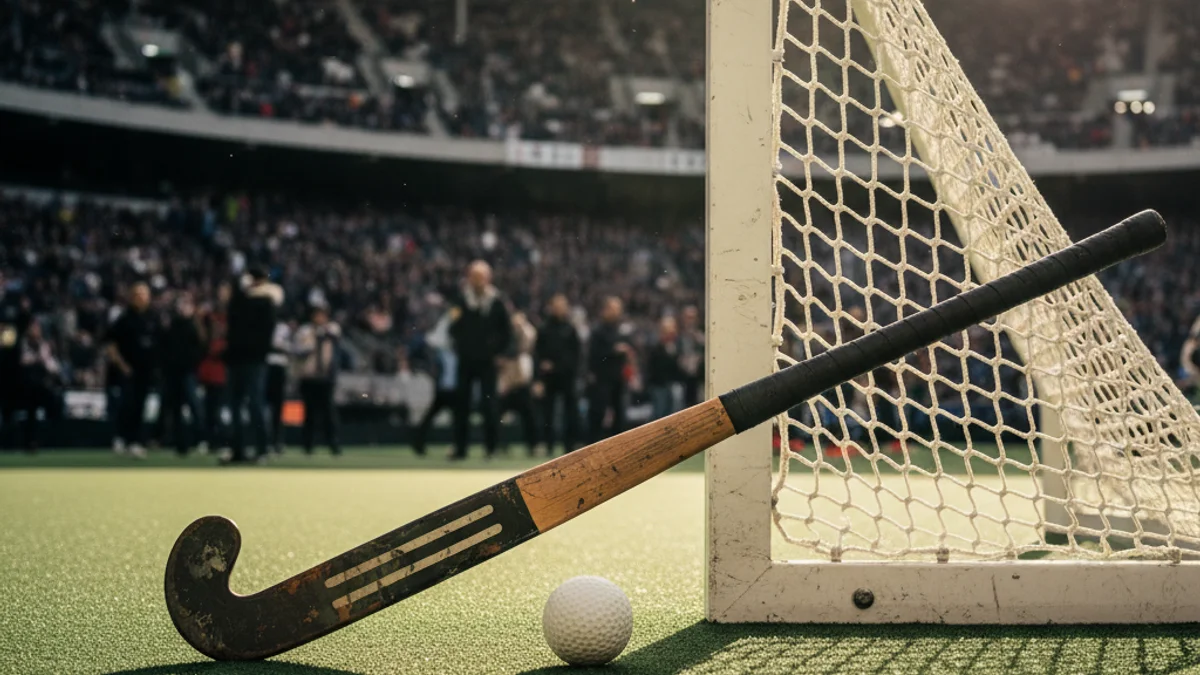 Imagen genérica de una bola y un stick de hockey hierba sobre el césped de un campo profesional.