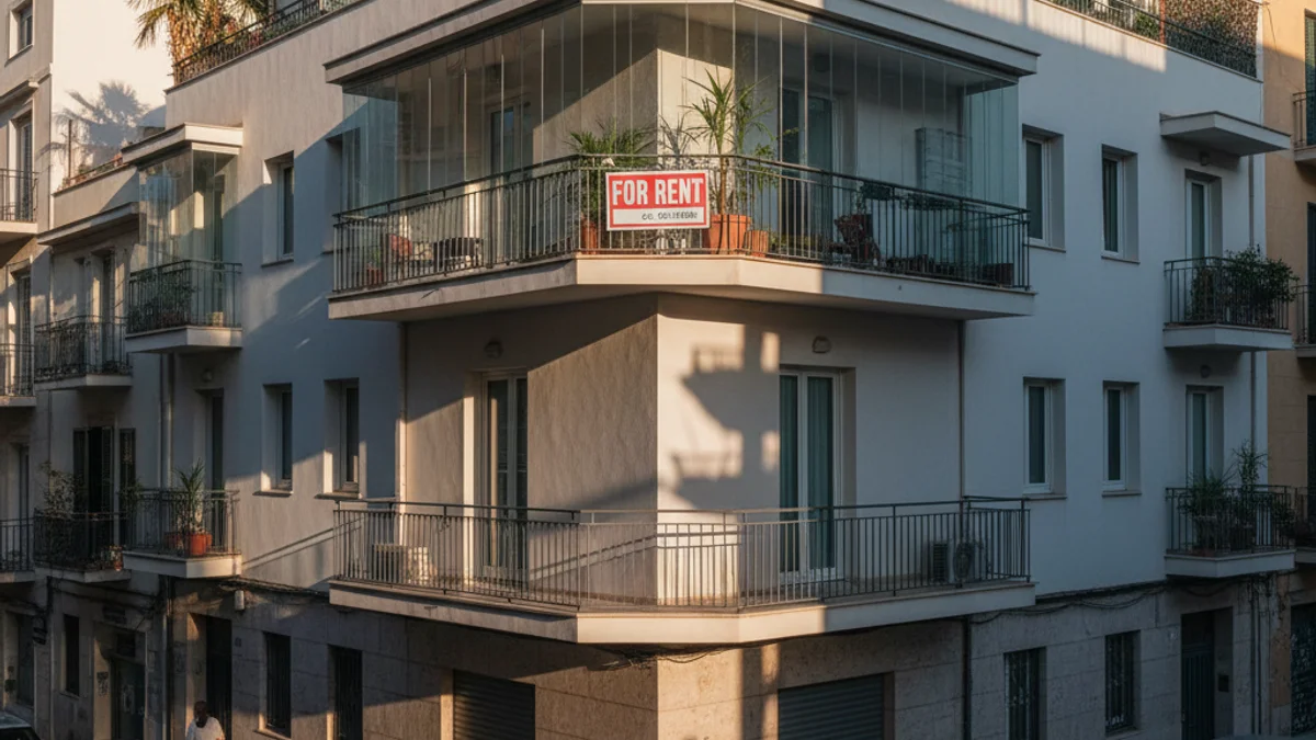 Imatge genèrica d'un cartell de lloguer en un balcó d'un edifici d'habitatges.