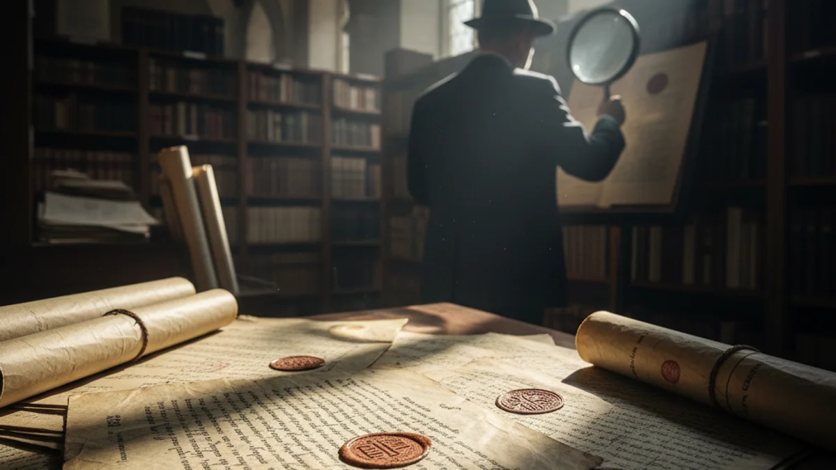 Imatge genèrica de documents històrics desclassificats en un arxiu amb il·luminació dramàtica.