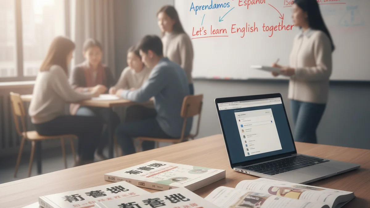 Imatge genèrica d'una aula d'idiomes amb llibres i apunts en xinès.