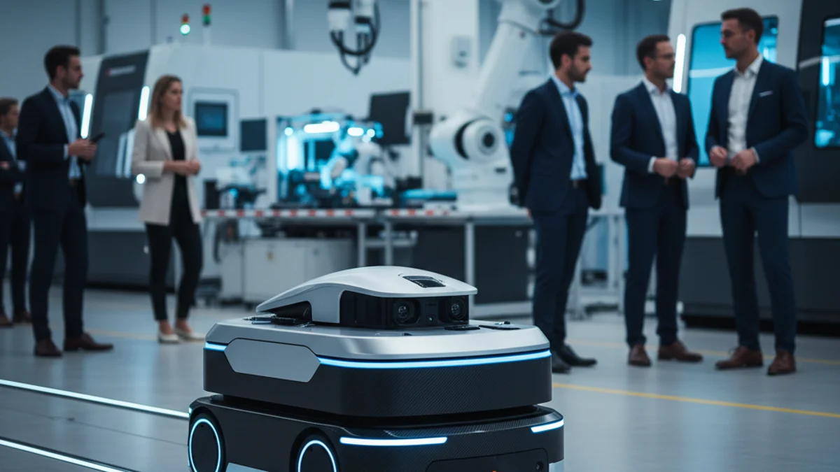 Imatge genèrica d'un robot mòbil autònom operant en una planta industrial moderna.