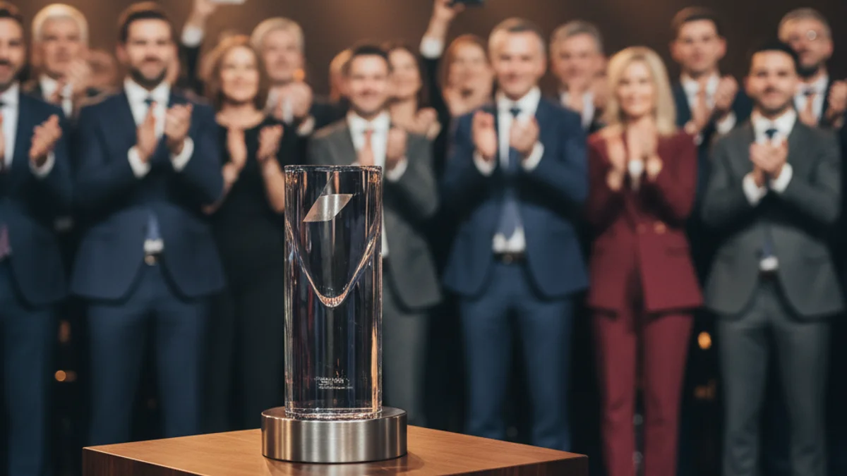 Generic image of a technology award on a podium during an awards ceremony.