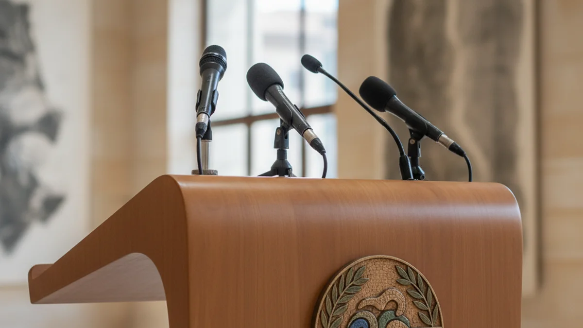 Imatge genèrica d'uns micròfons en un podi durant una roda de premsa política.