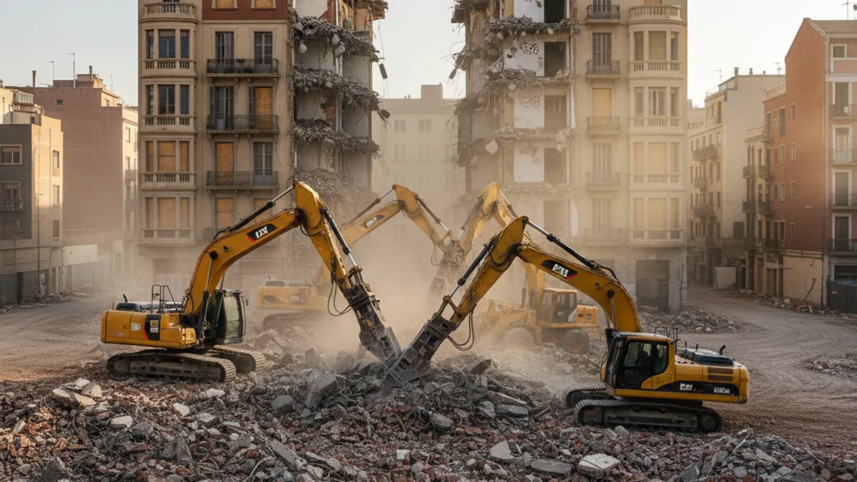 Generic image of demolition works of old buildings with excavators and rubble.