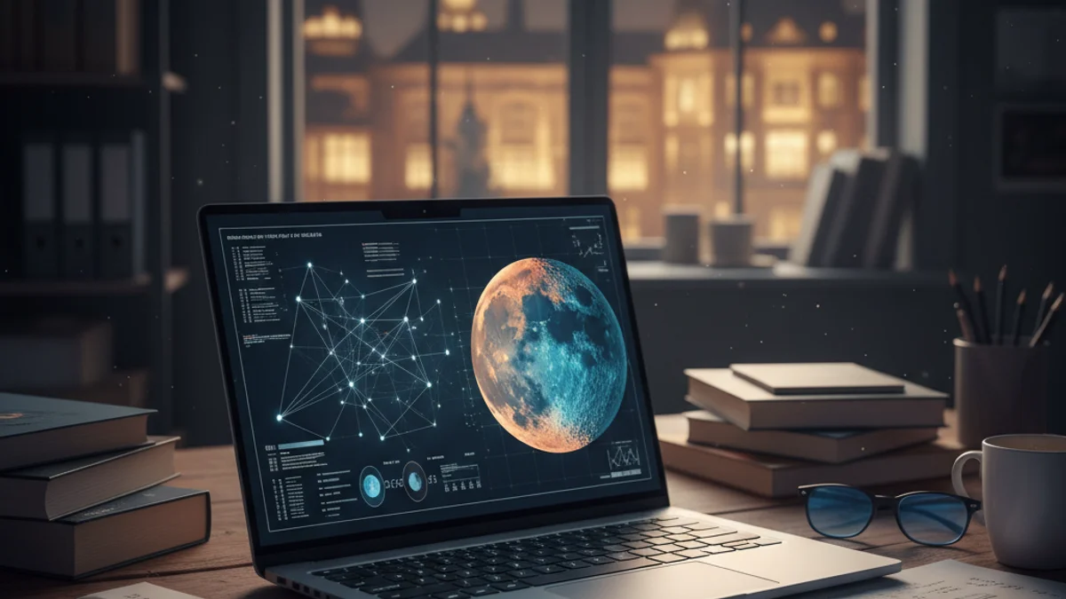 Imatge genèrica d'un ordinador portàtil amb dades d'investigació espacial en una habitació amb llum tènue.