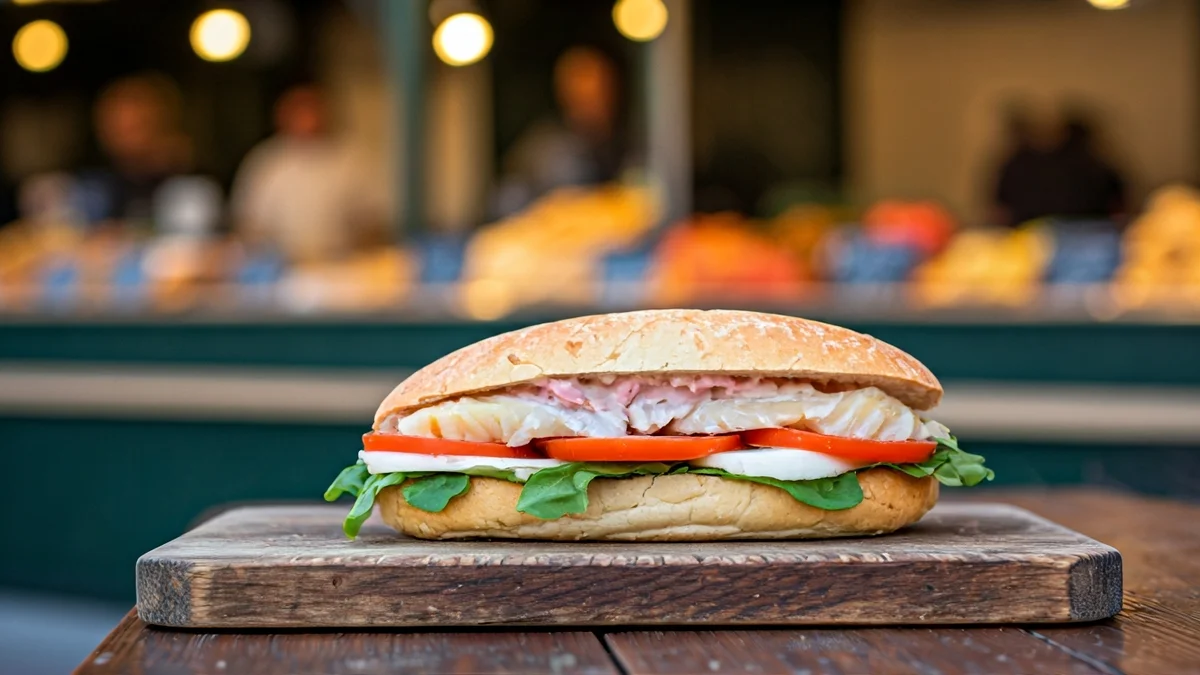Imatge genèrica d'un entrepà de bacallà acabat de fer sobre una taula de fusta, amb parades de mercat desenfocades al fons.